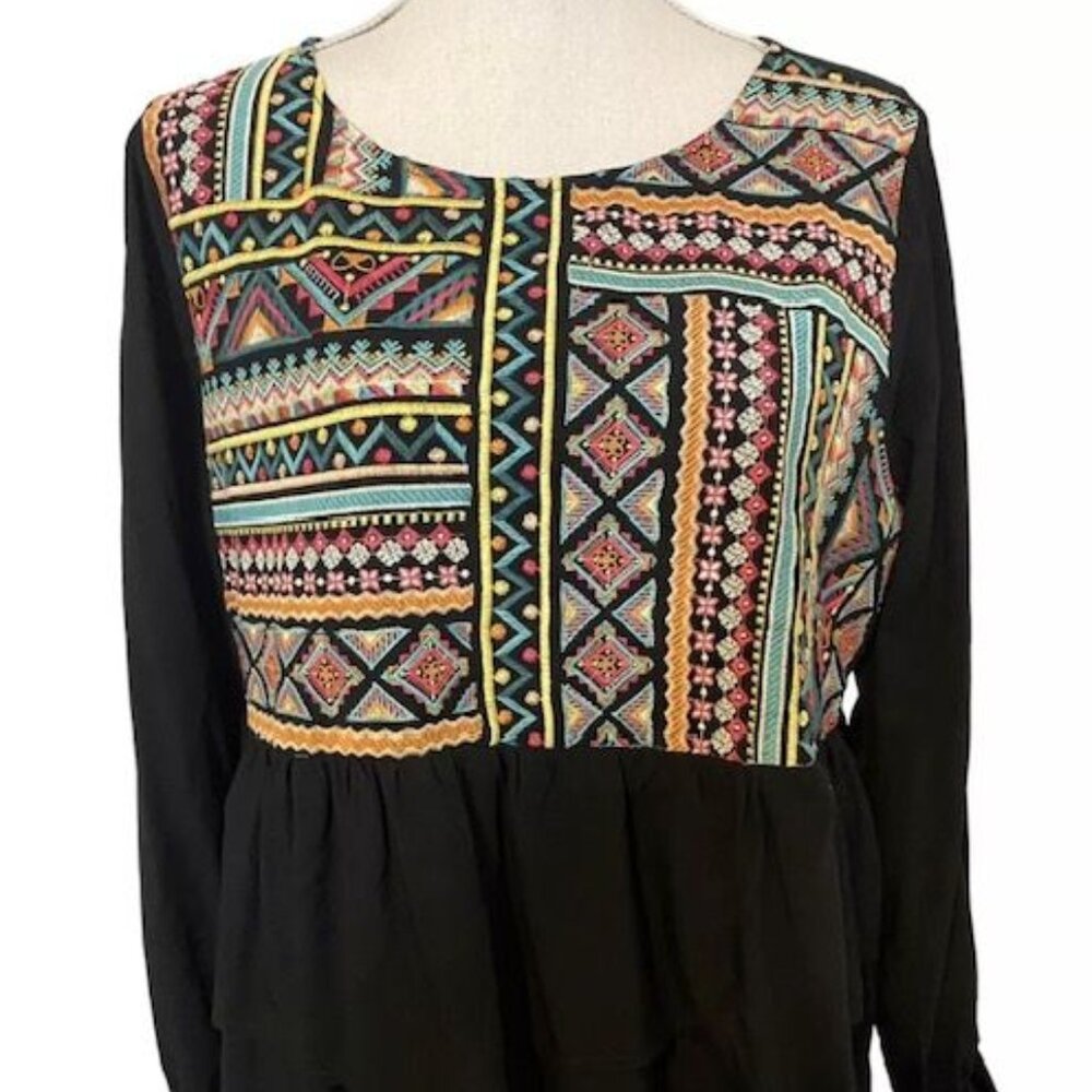 Savanna Jane Womens Boho Embroidered Peasant Blouse Black/Multi-Colored bohemian